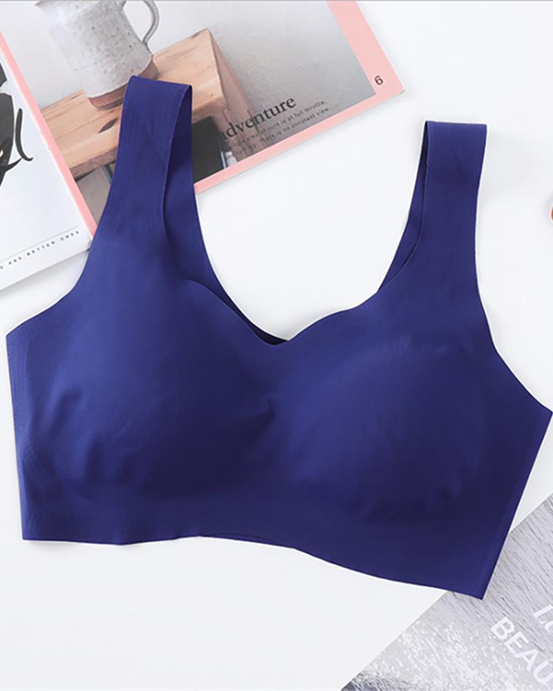 

V-Neck Breathable Seamless Plain Bralette, Blue