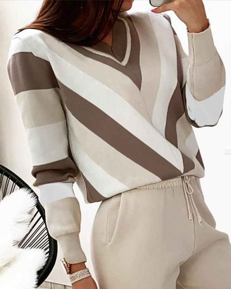 

Colorblock Long Sleeve Top & Drawstring Pants Set, Beige