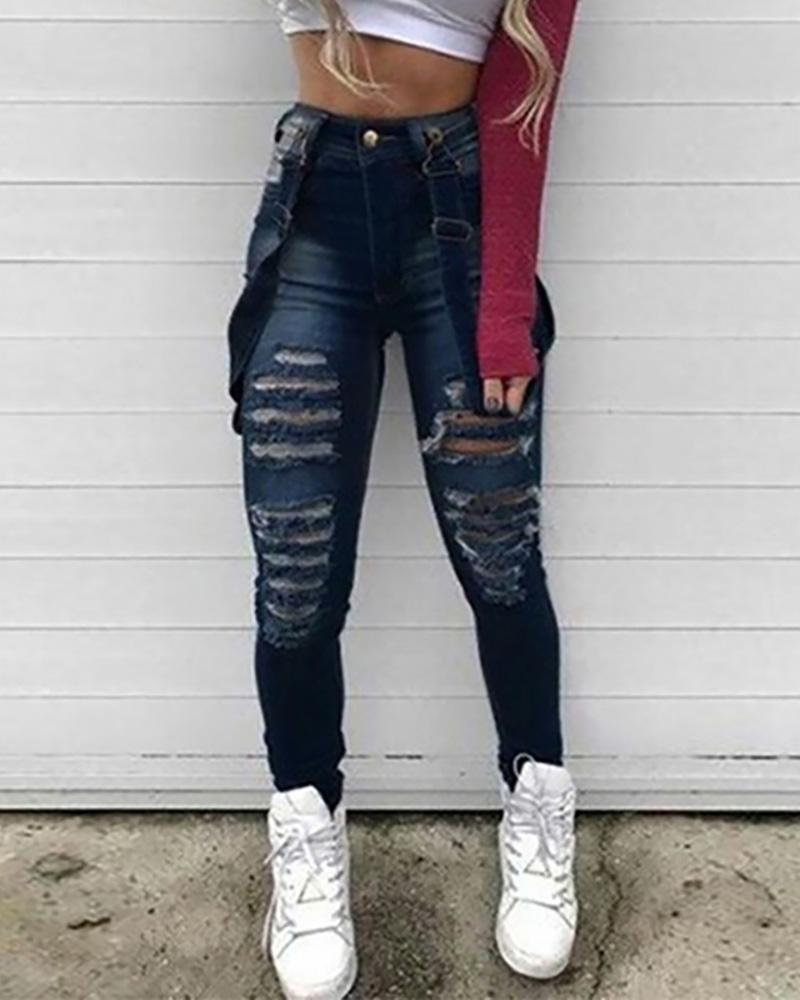 

Cutout Ripped Denim Suspender Pants, Dark blue