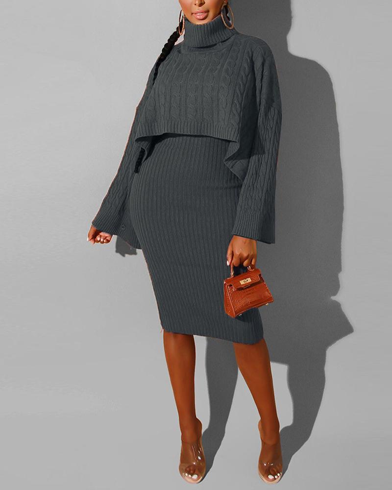 

Turtleneck Cable Knit Sweater With Midi Dress, Dark grey