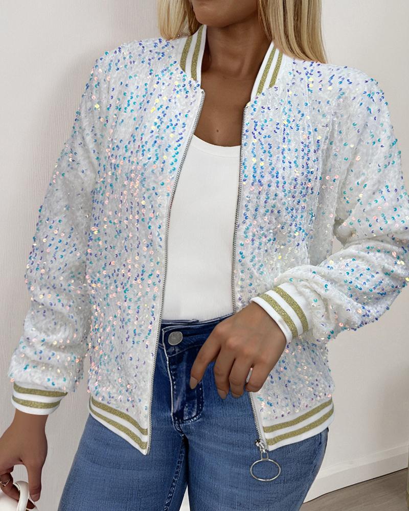 

Chaqueta informal con cuello de béisbol y lentejuelas por todas partes y cremallera, White