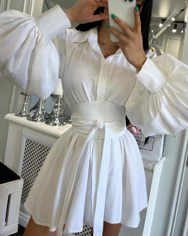 

Lantern Sleeve Buttoned Pleated Shirt Dress, White