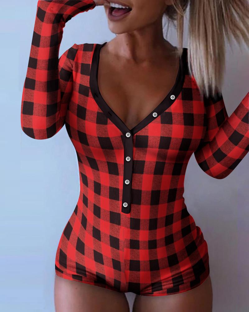 

Plaid Functional Buttoned Flap Adults Pajamas, Red