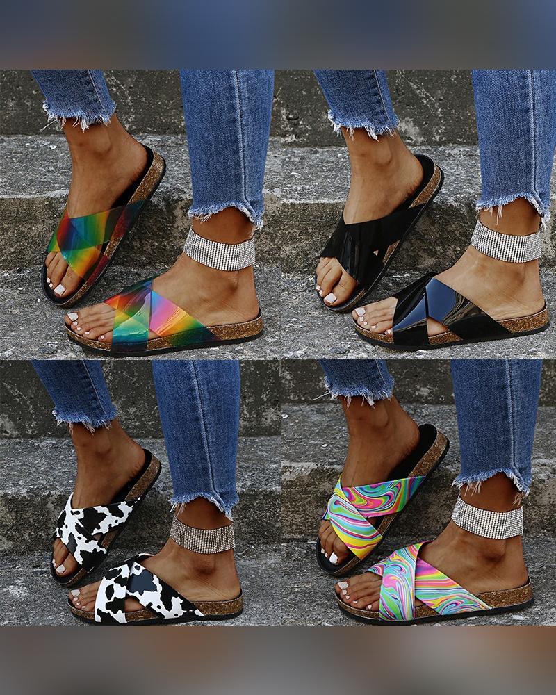 

Multicolor Print Cross Bandage Upper Flat Platform Sandals, Style1