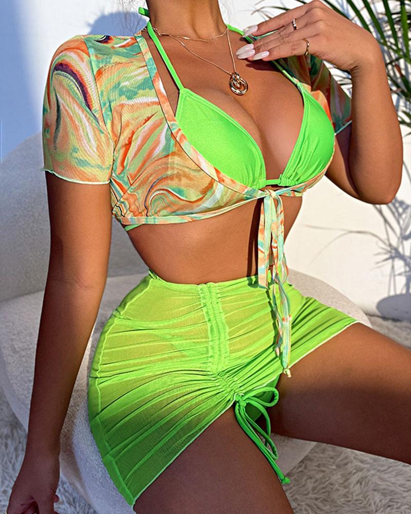 

4PCS Drawstring Halter Bikini Set With Cover Up, Green