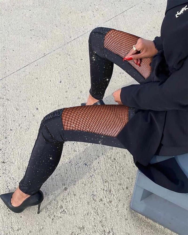 

Rhinestone Fishnet Patch Glitter Skinny Pants, Black