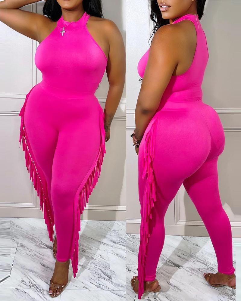 

Sleeveless Top & Tassel Trim Pants Set, Hot pink