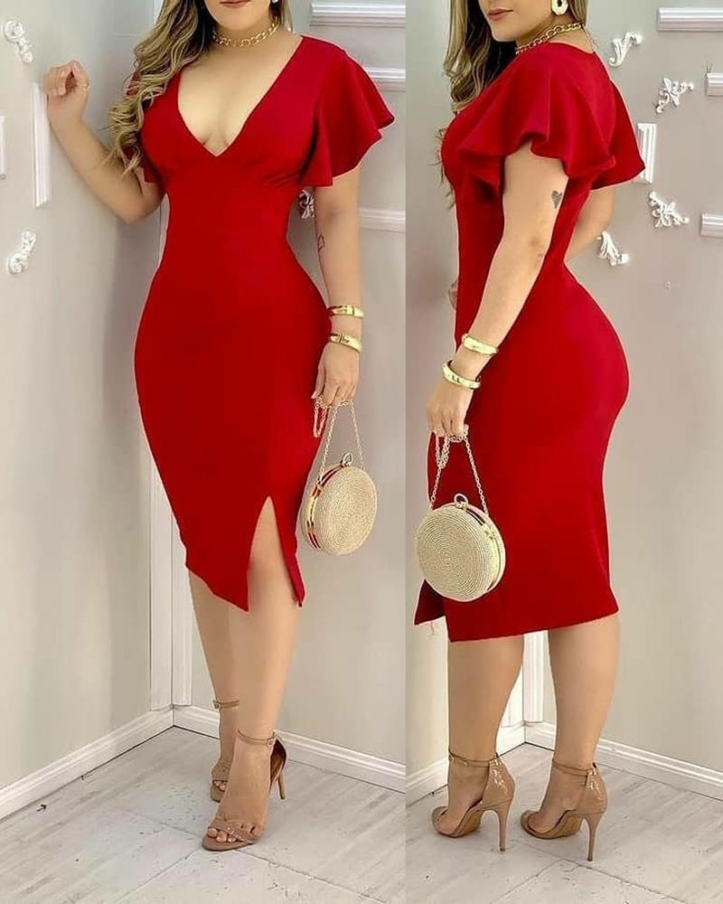 

Plunge Ruffles Hem Slit Bodycon Dress, Red