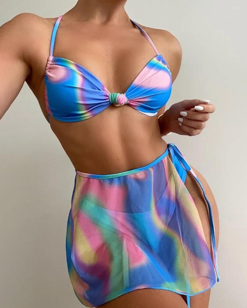 

3PCS Tie Dye Print Knotted Ruched Bikini Set With Cover Up, Blue