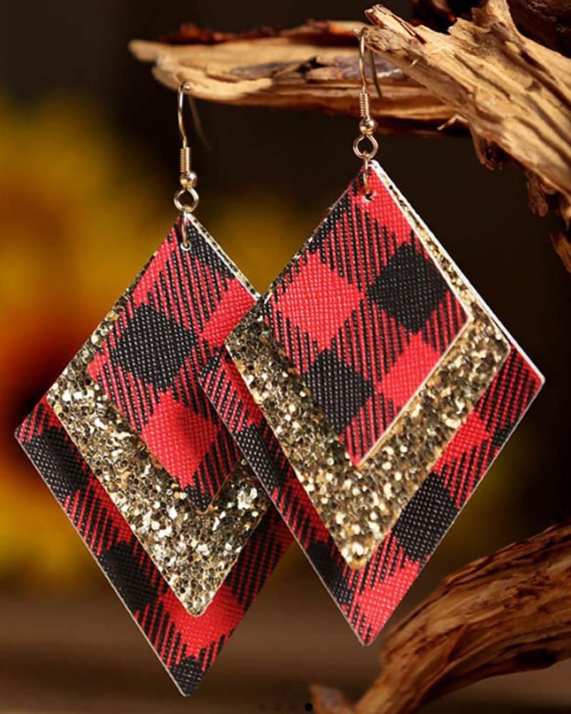 

1Pair Christmas Leaf Shaped Plaid Print PU Leather Sequins Drop Earrings, Style1