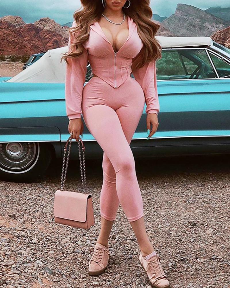 

Zipper Front Handkerchief Hooded Top & Pants Sets, Pink