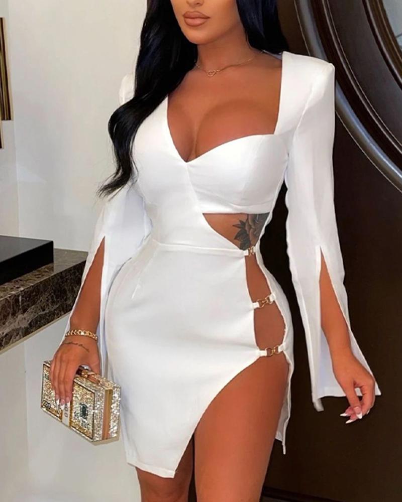 

Asymmetrical Neck Cutout High Slit Party Dress, White