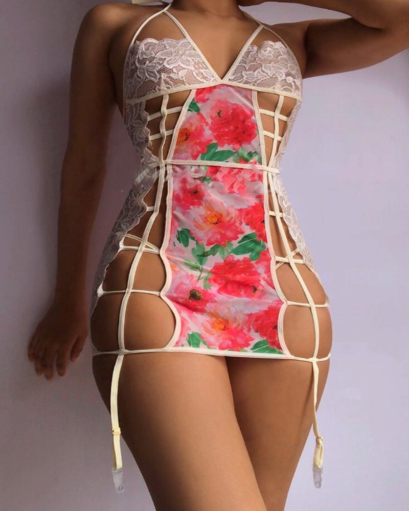 

Crochet Lace Patch Cutout Floral Print Garter Babydoll, Multicolor