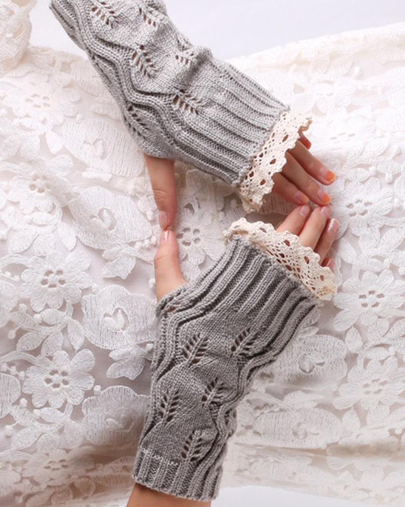 

1Pair Contrast Lace Knit Fingerless Gloves, Light gray