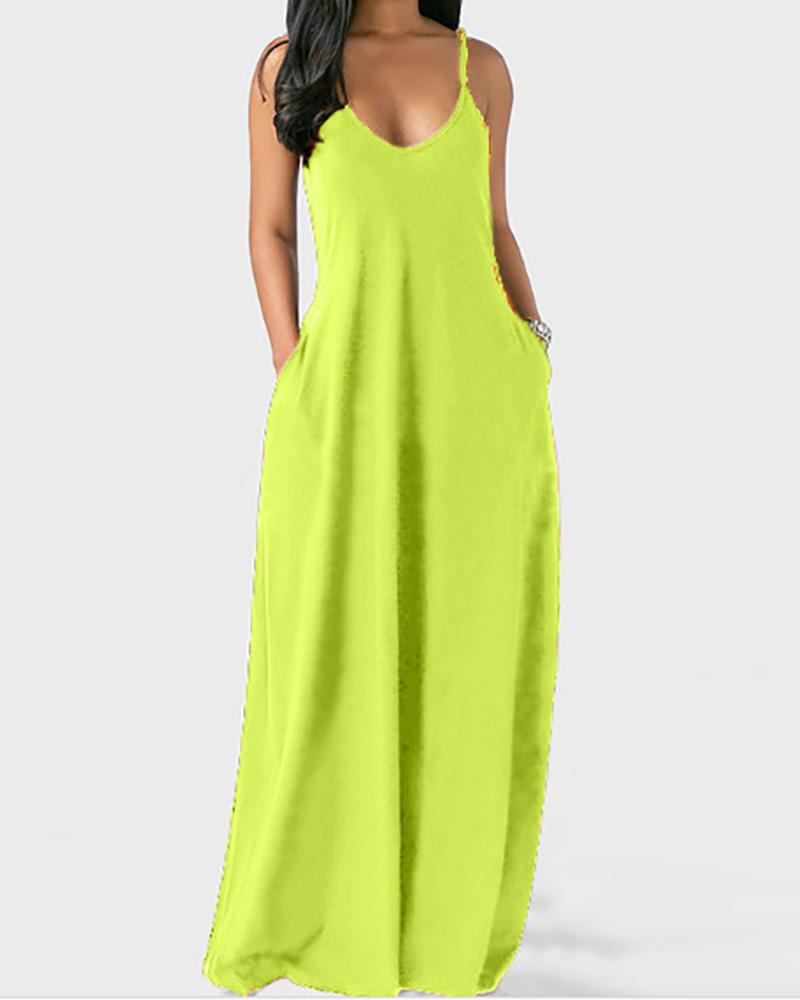 

Plus Size Pocket Design V-Neck Spaghetti Strap Maxi Dress, Light green