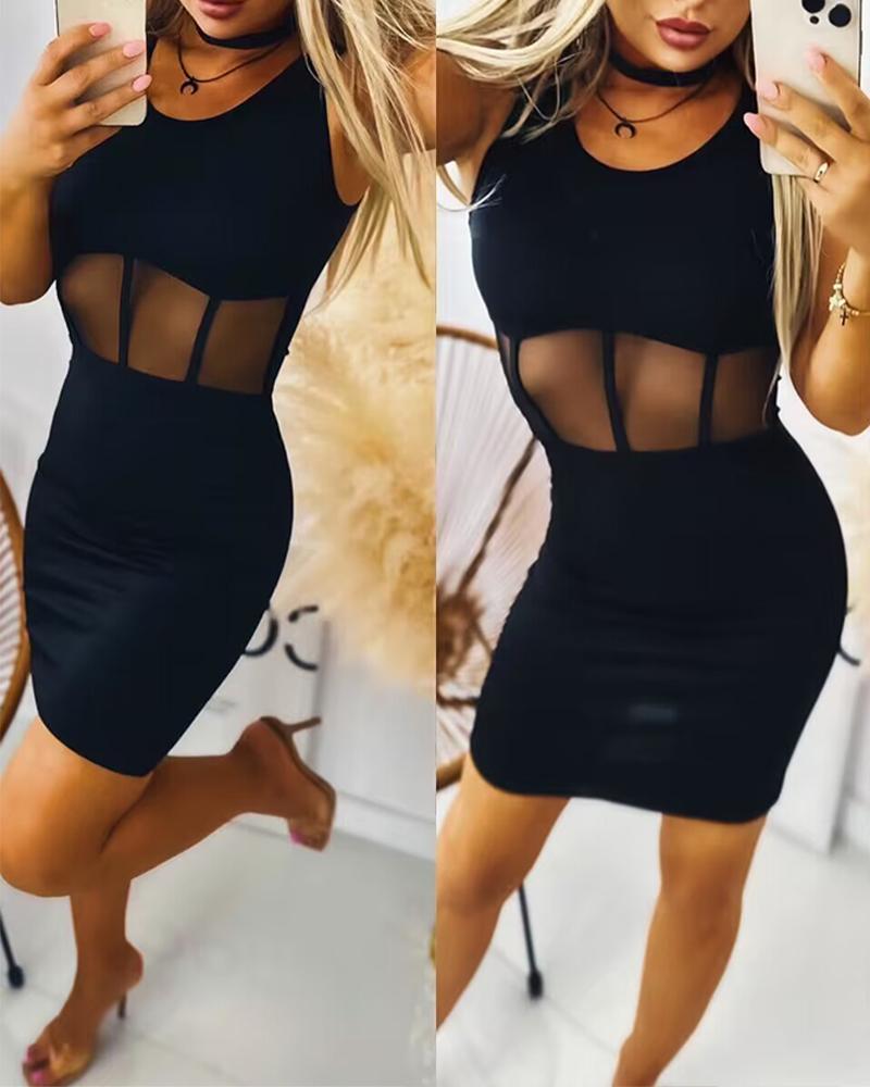 

Sheer Mesh Round Neck Bodycon Dress, Black