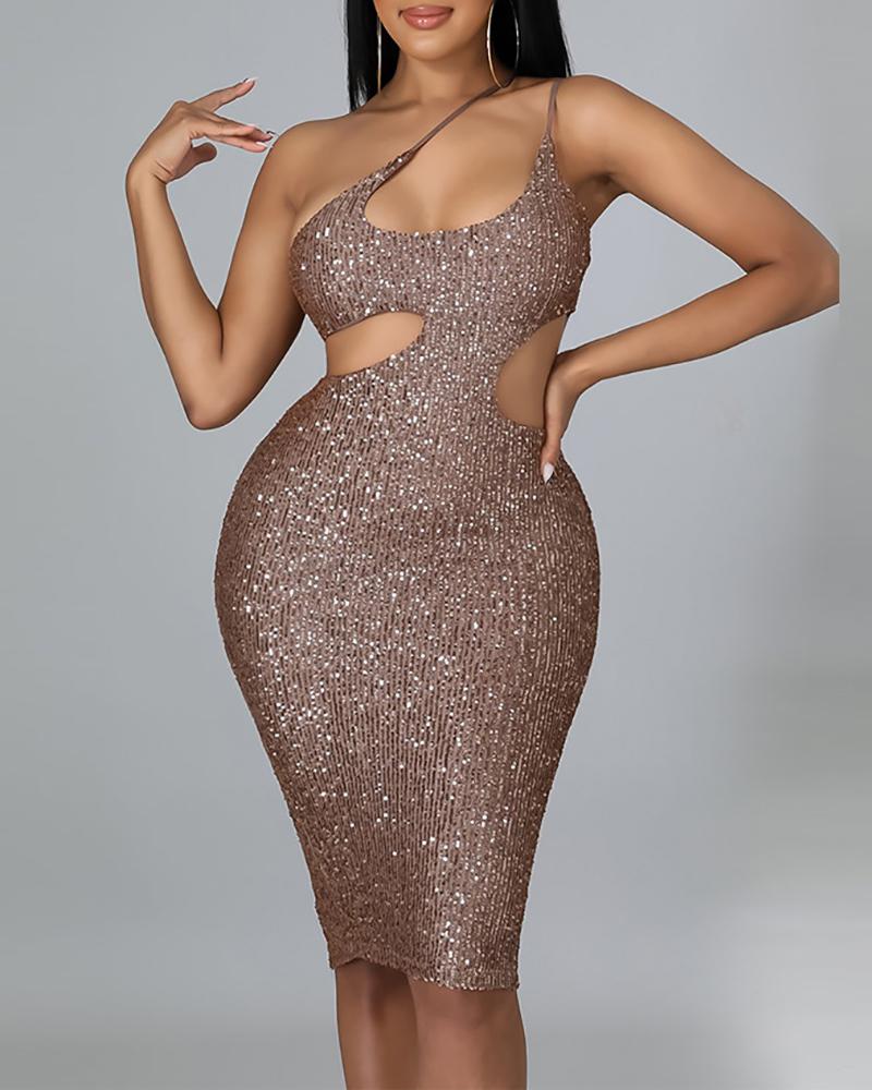 

Asymmetrical Side Cutout Glitter Bodycon Dress, Khaki