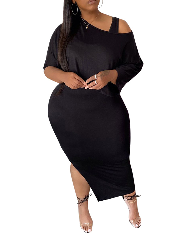 

Slash Neck Plain Shawl Top & Tank Slit Long Skirt 2-piece Set, Black