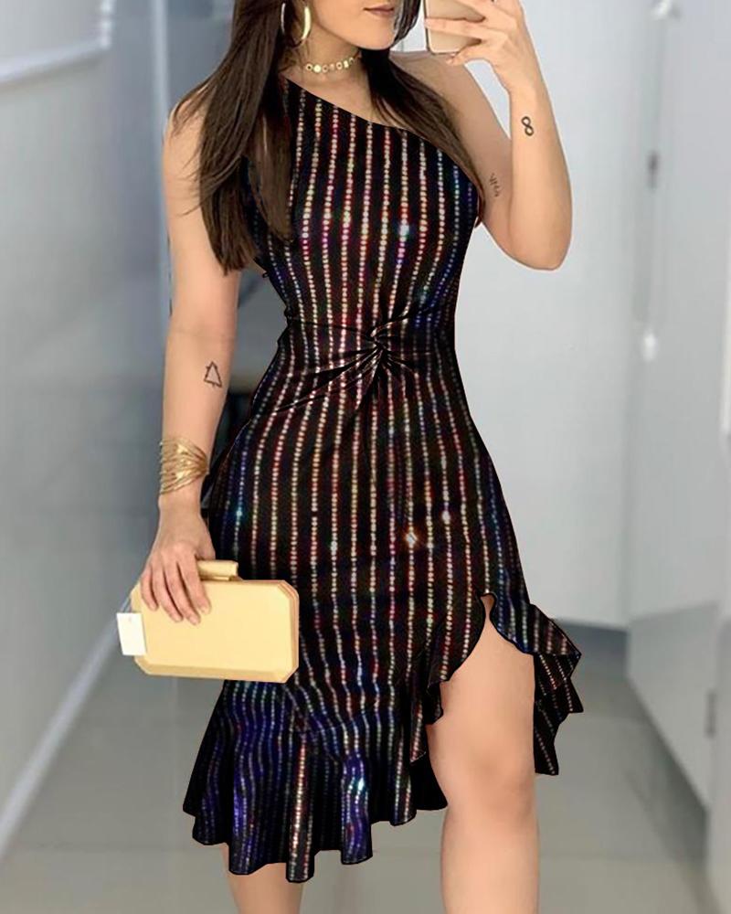 

One Shoulder Striped Ruffled Slit Party Dress, Black