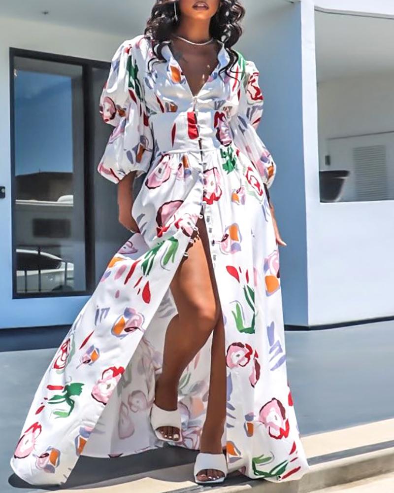

Colorblock Puff Sleeve Buttoned Slit Maxi Dress, Multicolor