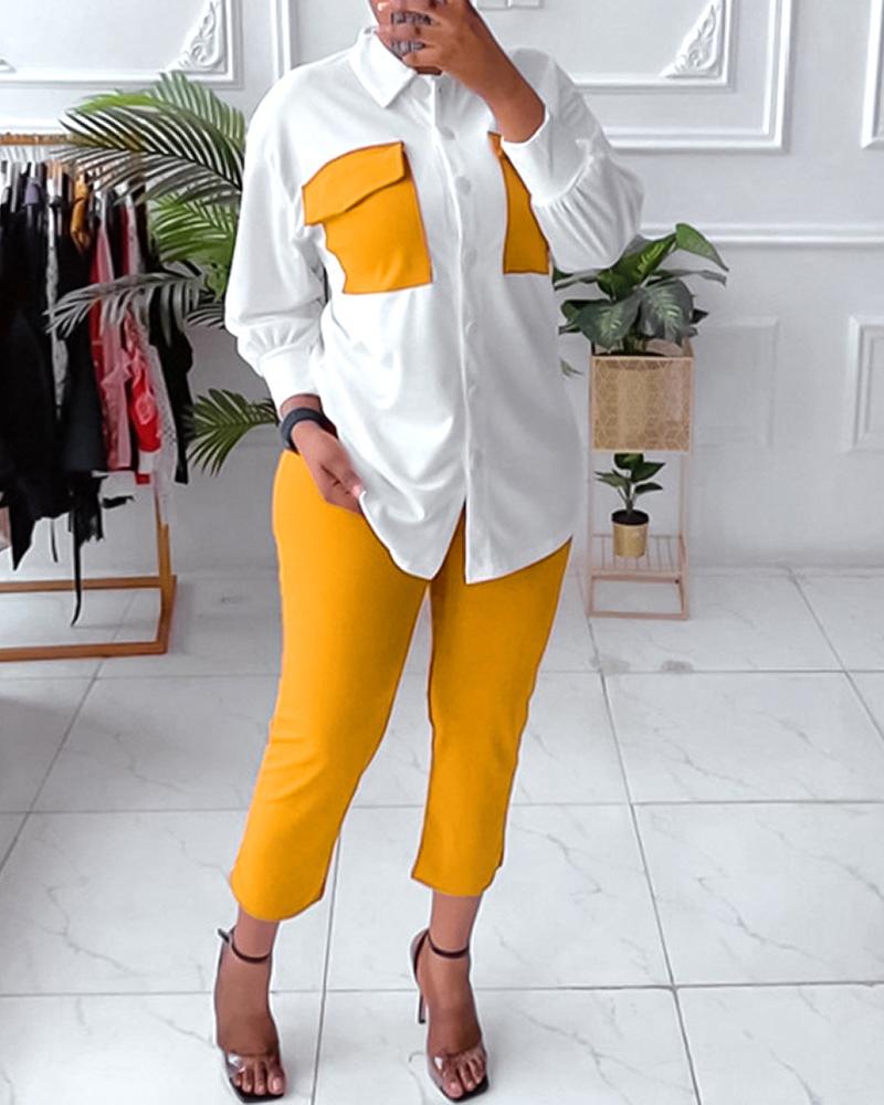 

Plus Size Lantern Sleeve Colorblock Top & Pants Set, Yellow