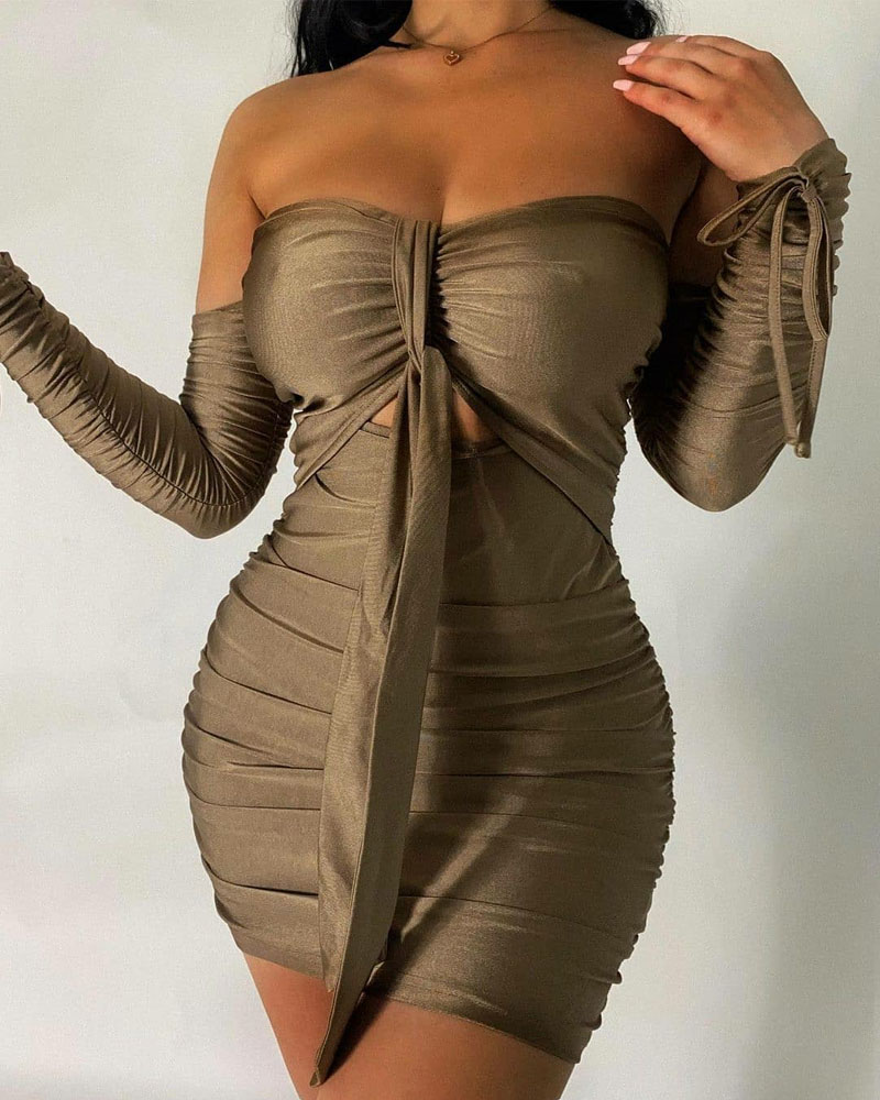 

Off Shoulder Cutout Ruched Tie Front Bodycon Dress, Coffee