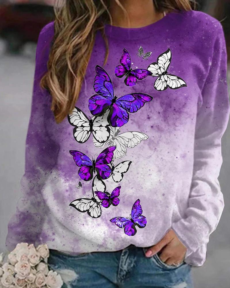 

Butterfly Print Long Sleeve Casual Top, Purple
