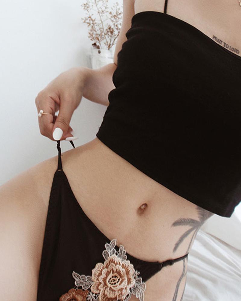 

Embroidery Floral Thong Panties, Black