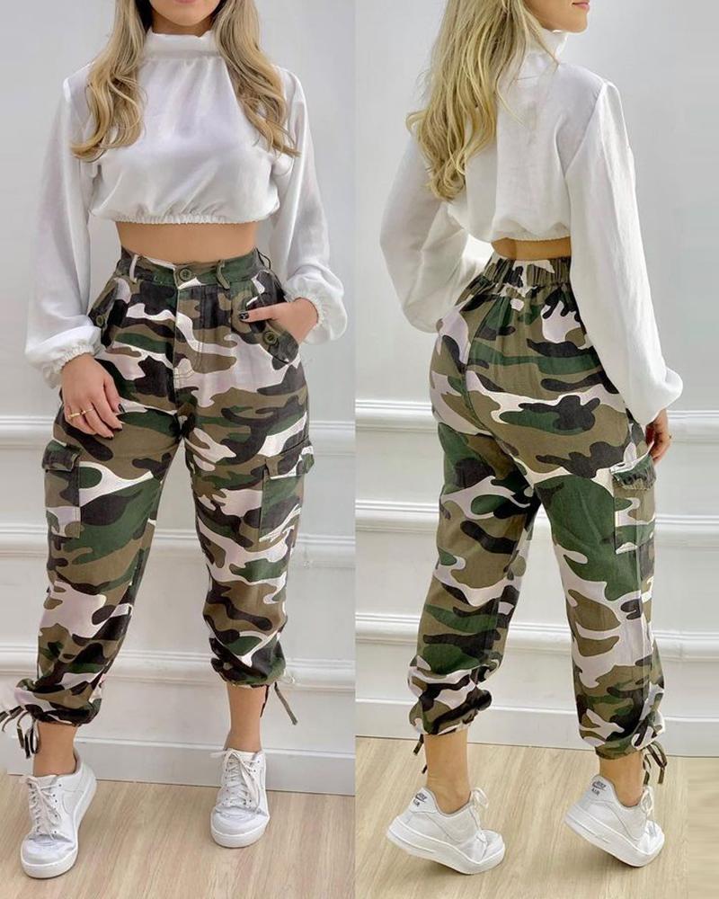 

Camouflage Print Tied Detail Cargo Pants, Green