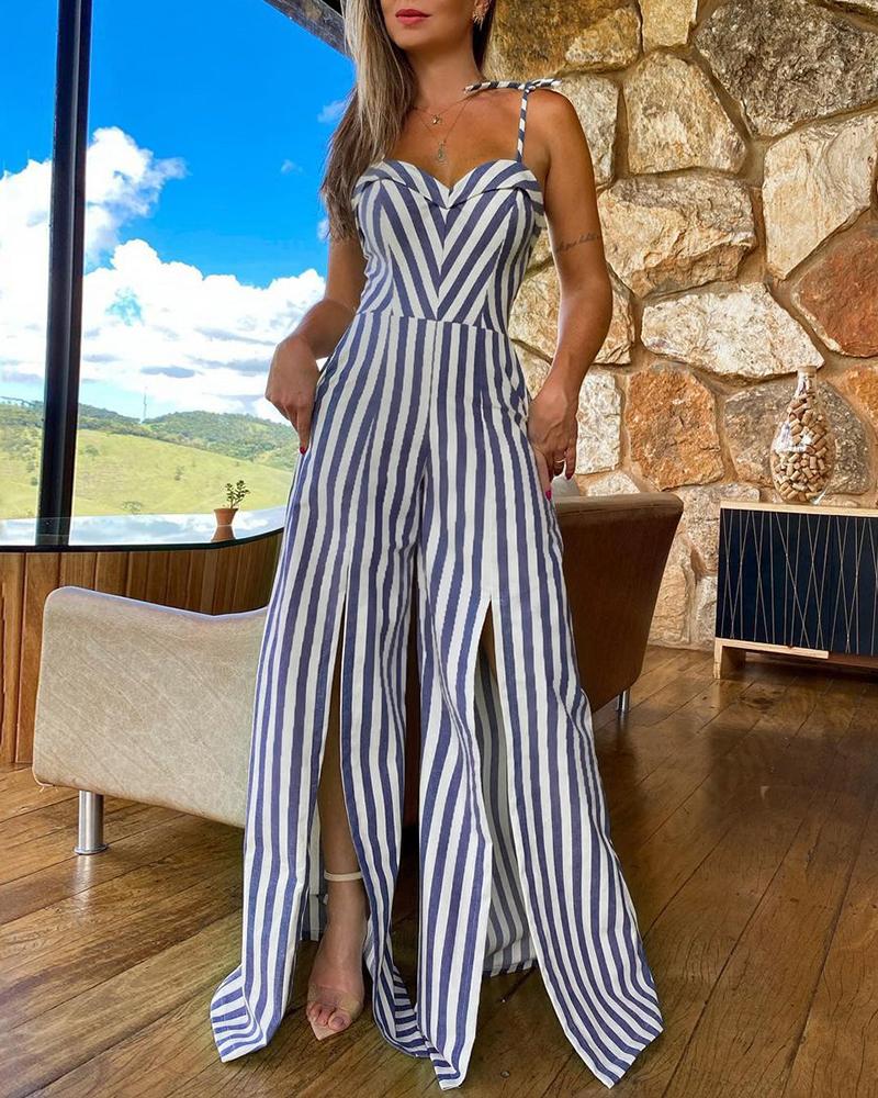 

Striped Tied Detail Slit Leg Jumpsuit, Blue