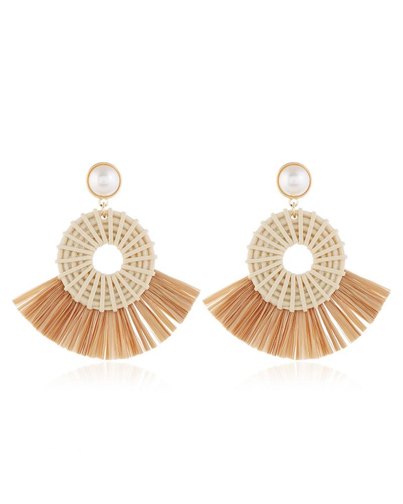 

1Pair Earrings Big Lightweight Geometric Statement Rattan Tassel Earrings, Style4