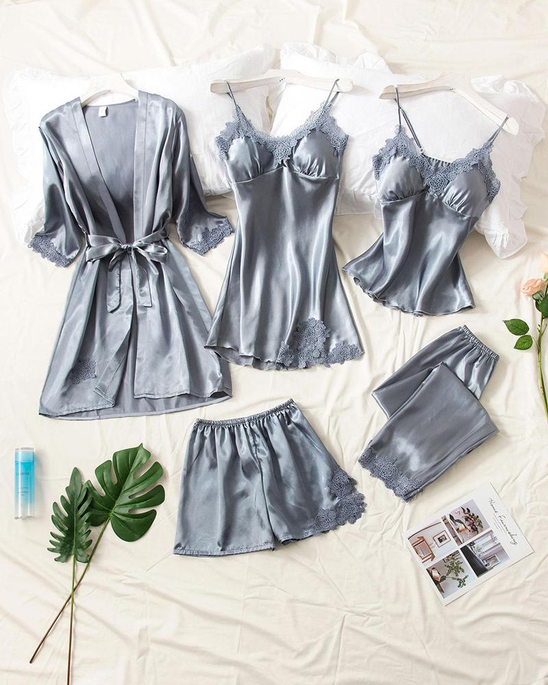 

Satin Slim Fit 5Pcs Pajama Set, Gray