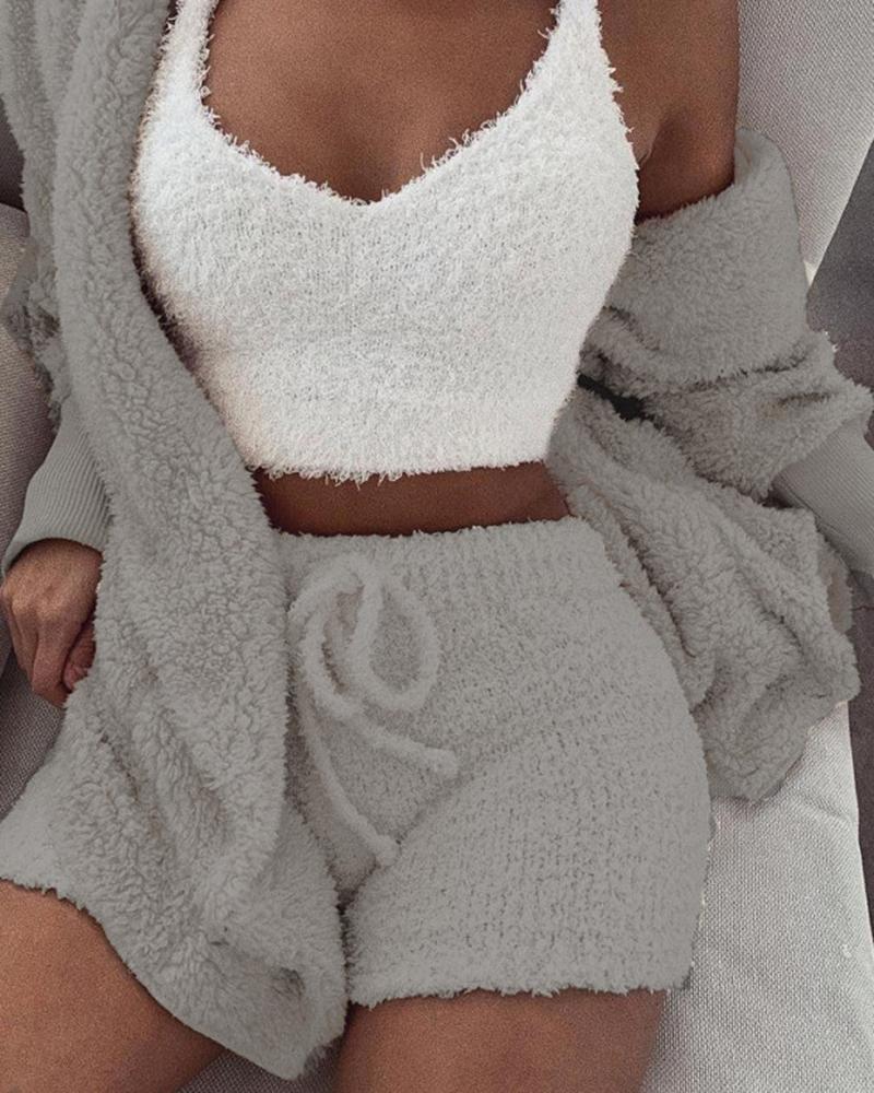 

Fluffy Hooded Open Front Teddy Coat & Short Sets, Gray