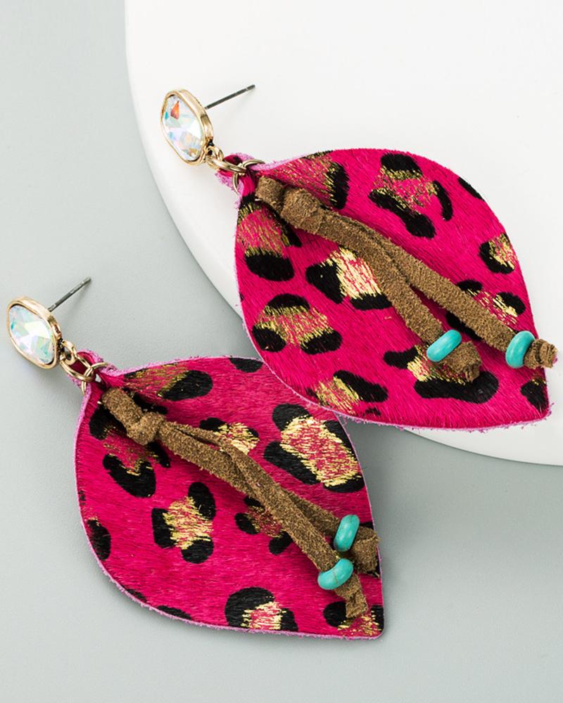 

1Pair Leopard Print Leaf Shaped Drop Earrings, Hot pink