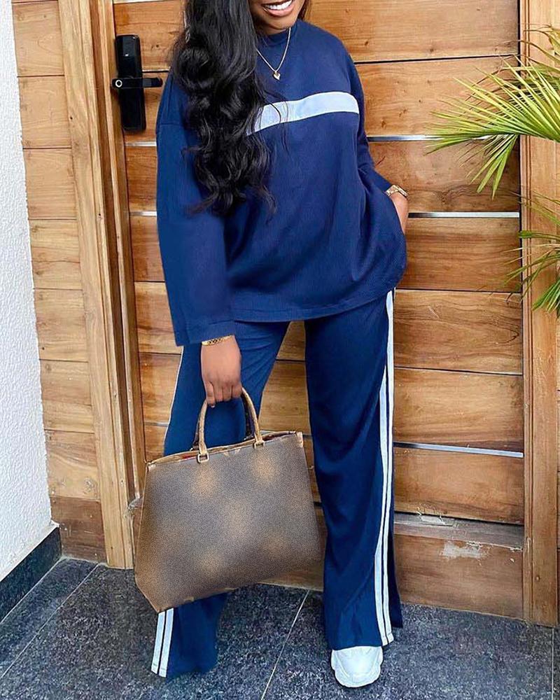 

Striped Long Sleeve Top & Pocket Design Pants Set, Blue