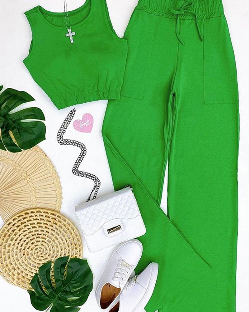 

Crop Tank Top & Wide Leg Pants Set, Green