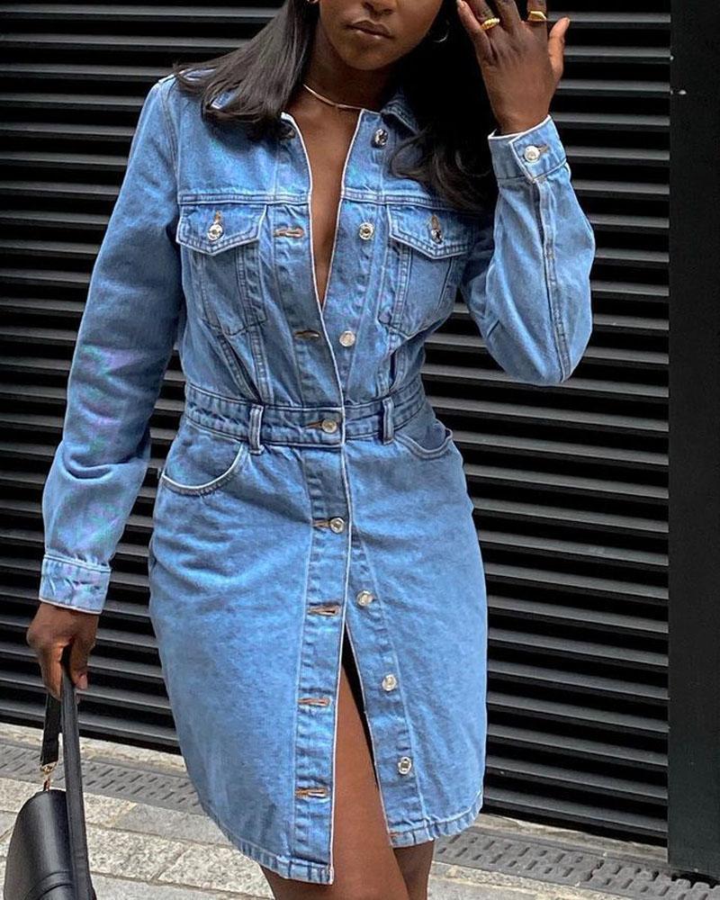 

Long Sleeve Flap Detail Button Up Denim Dress, Blue