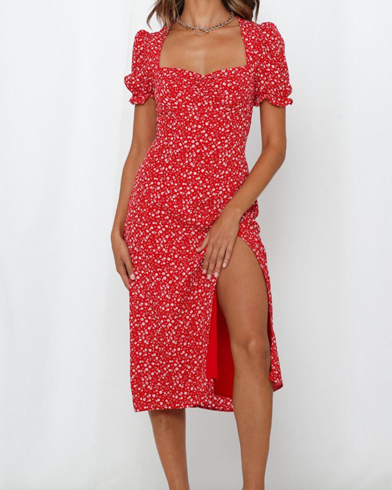 

Floral Print Short Sleeve Slit Dress, Red