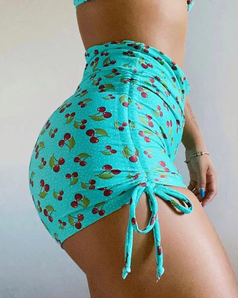 

Drawstring Cherry Print High Waist Shorts, Green