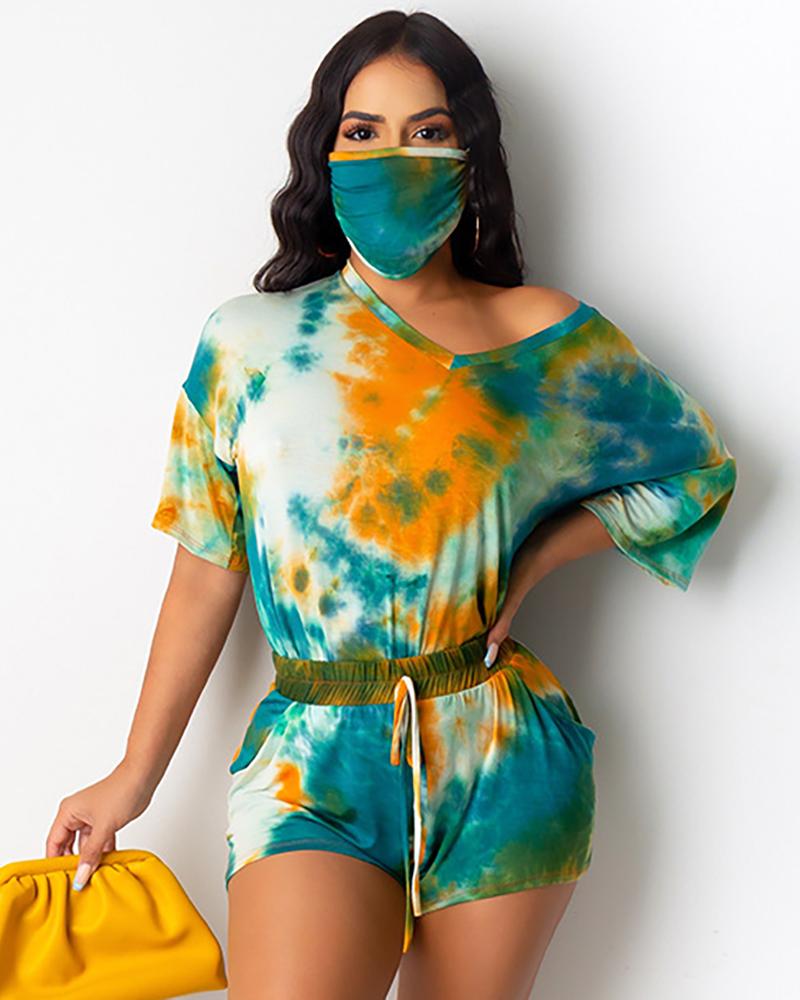 

Tie Dye Print Casual Top With Face Bandana & Drawstring Shorts Set, Green