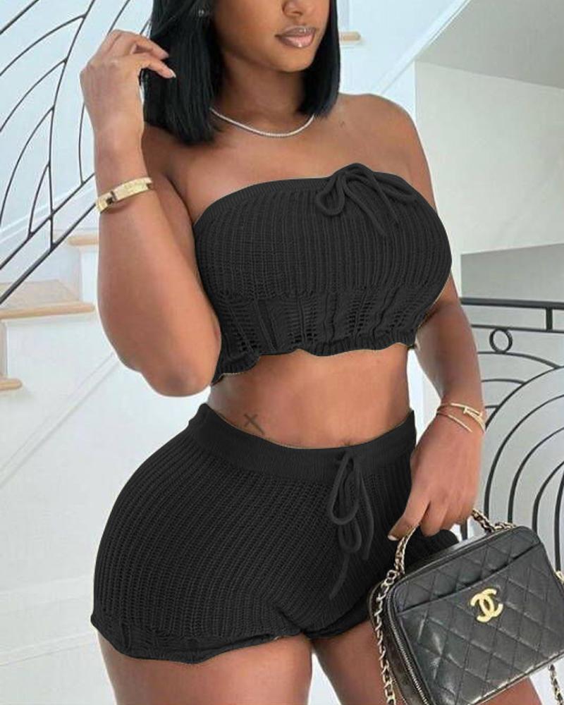 

Bandeau Drawstring Crop Top & Shorts Set, Black