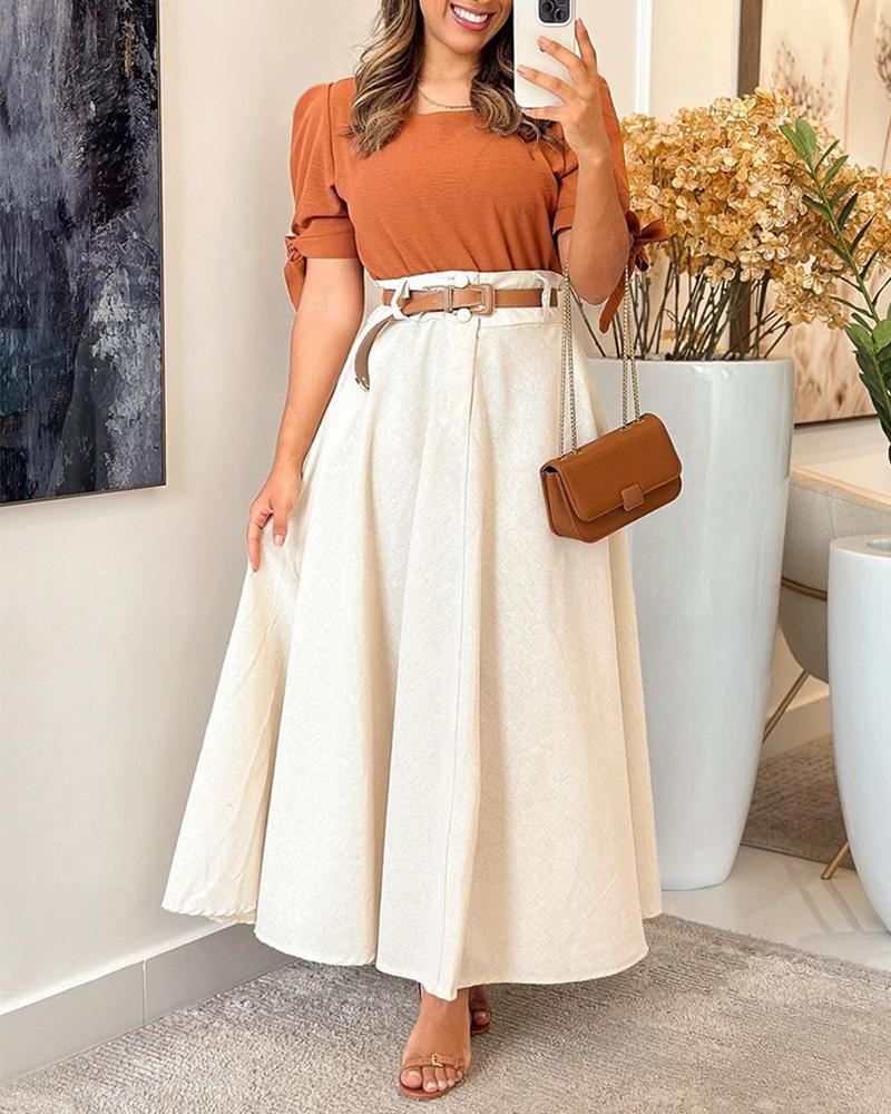 

Puff Sleeve Knotted Top & Ruched Skirt Set, Beige