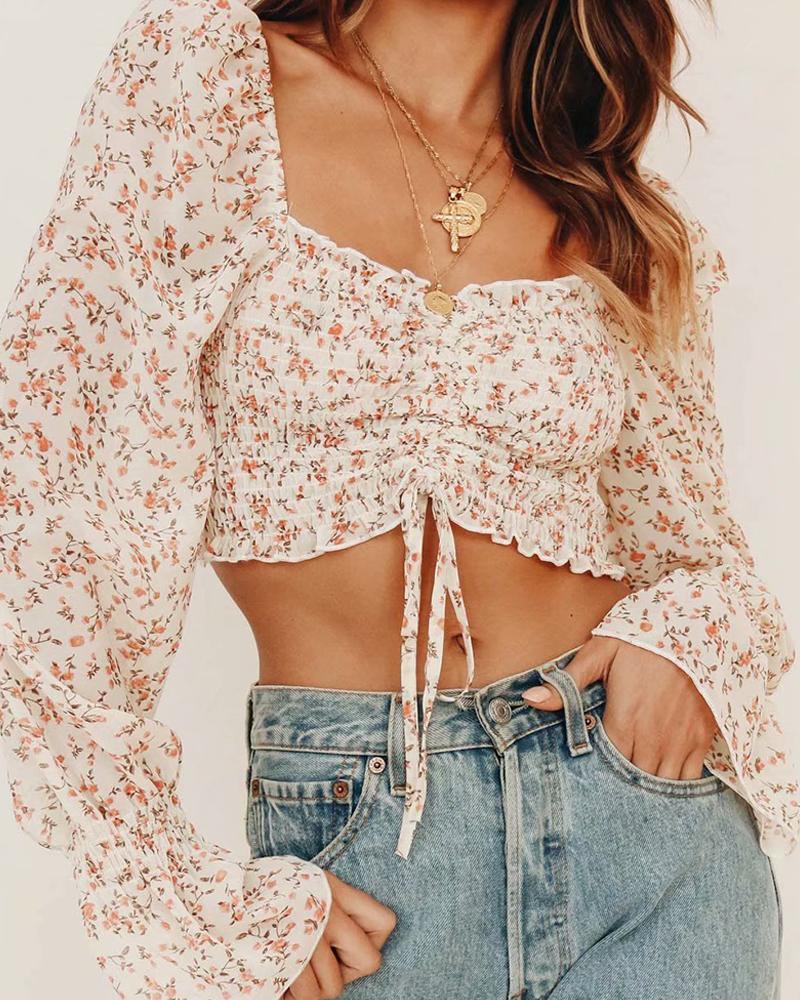 

Ditsy Floral Print Drawstring Bell Sleeve Crop Top, White