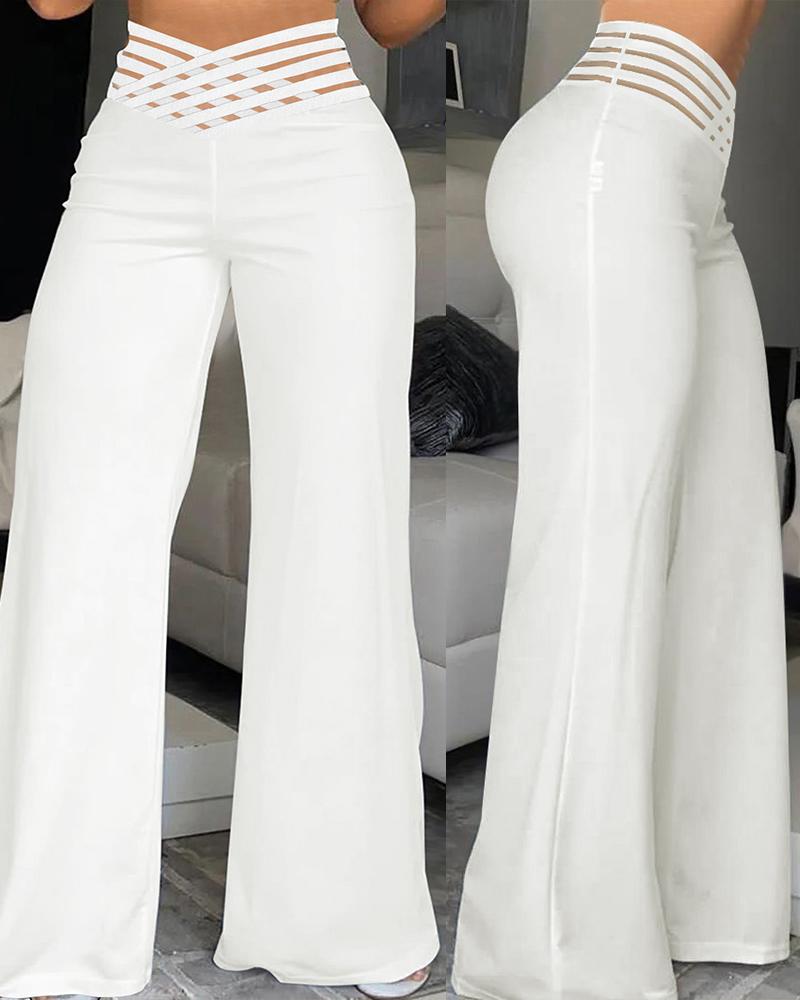 

Crisscross Sheer Mesh Patch High Waist Pants, White