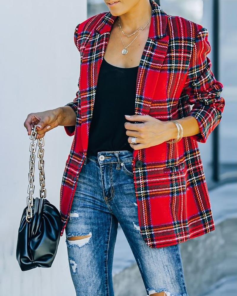 

Christmas Plaid Print Long Sleeve Blazer Coat, Red