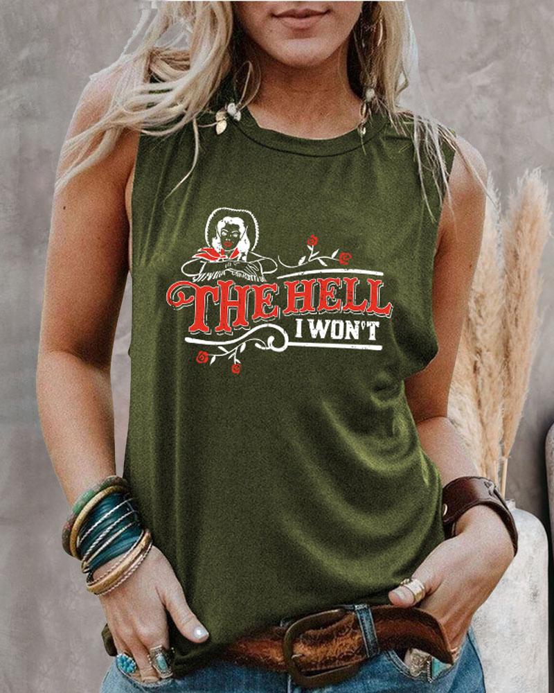 

Letter Figure Print Casual Tank Top, Army green