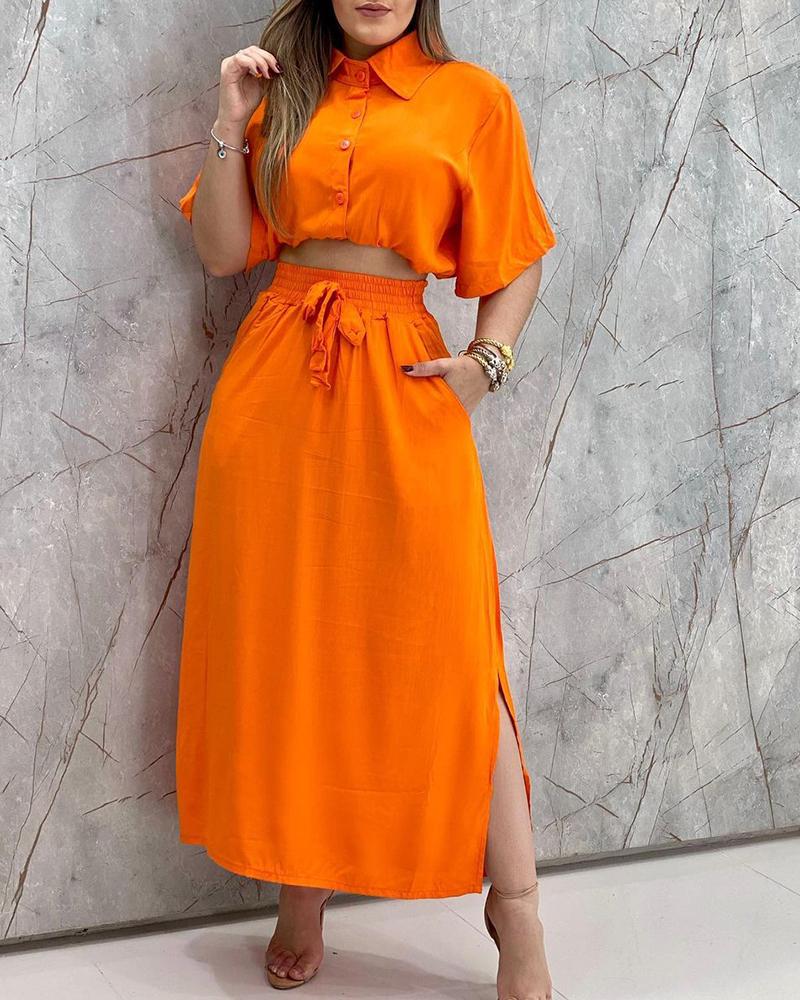 

Button Decor Top & Drawstring Slit Pocket Decor Skirt Set, Orange
