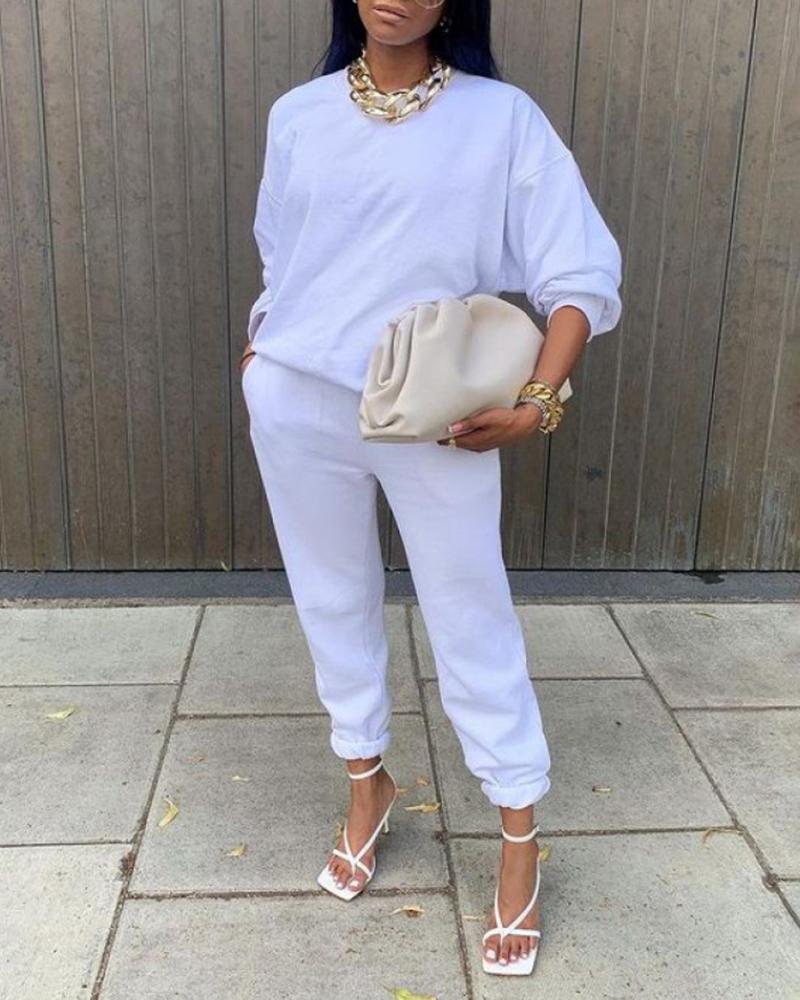 

O-Neck Long Sleeve Top & Pocket Design Pants Set, White