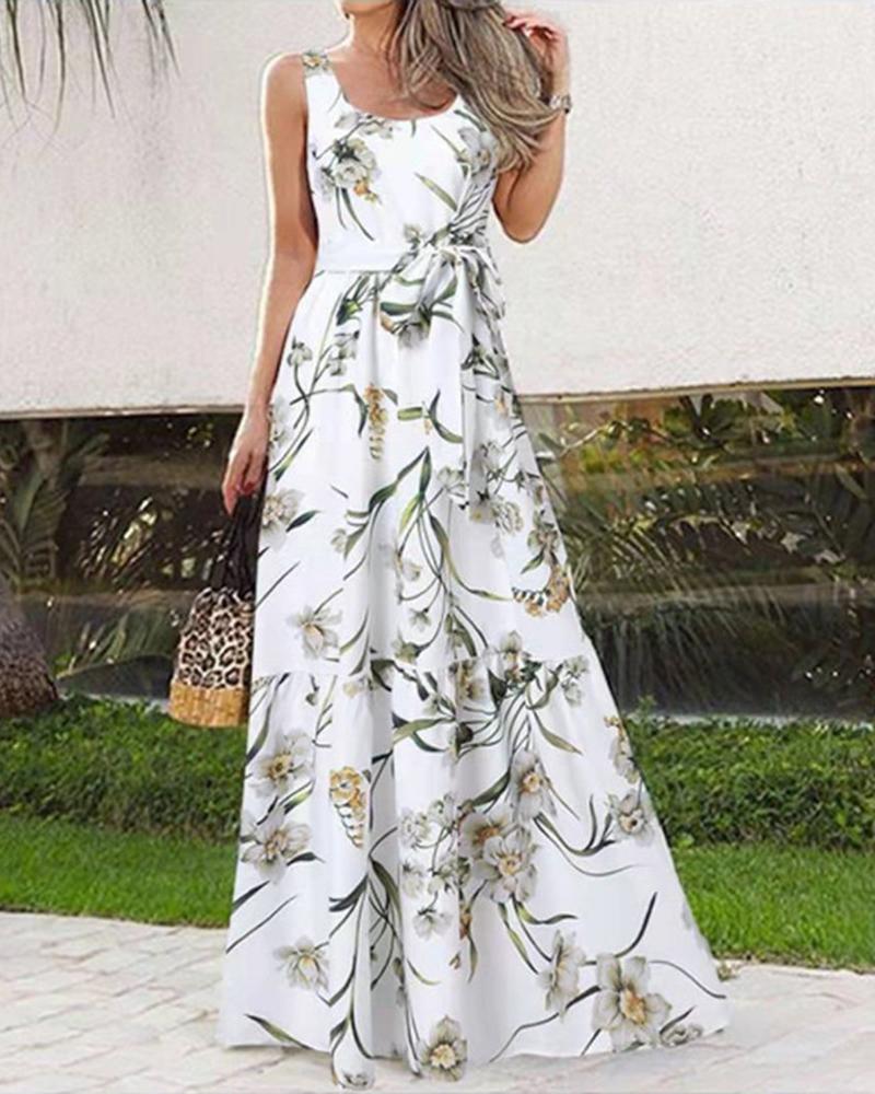 

Floral Print Round Neck Maxi Dress, White