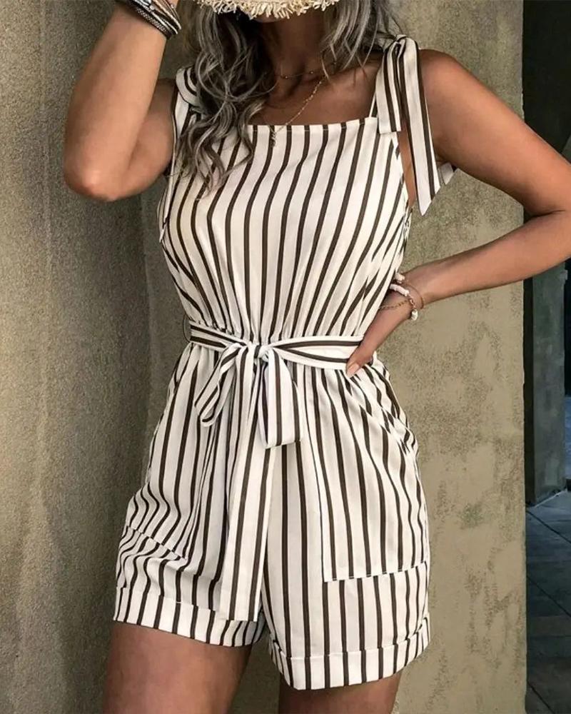 

Striped Print Tied Detail Belted Romper, White